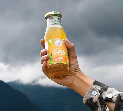 Ananas bottle in hand against mountains