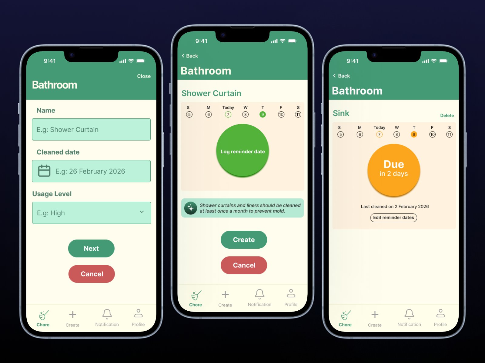 Chore creation, log reminder, due status