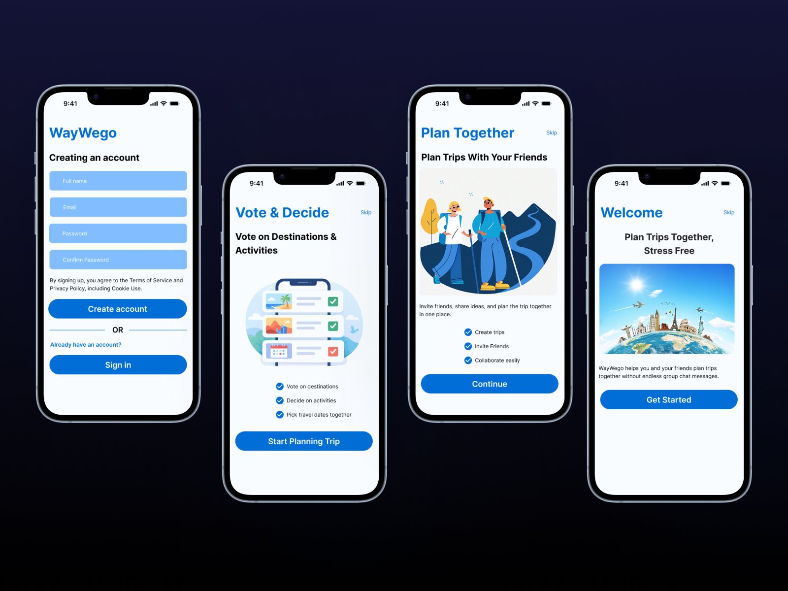 WayWeGo onboarding screens