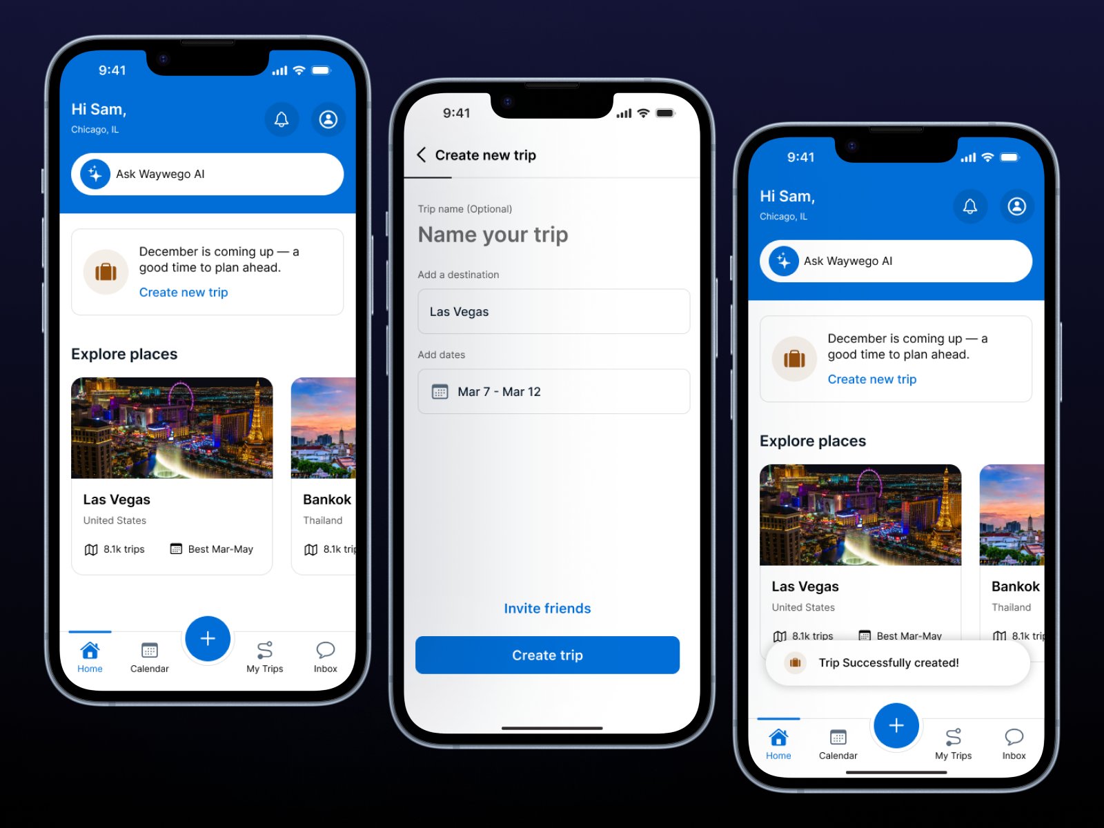 WayWeGo trip creation screens
